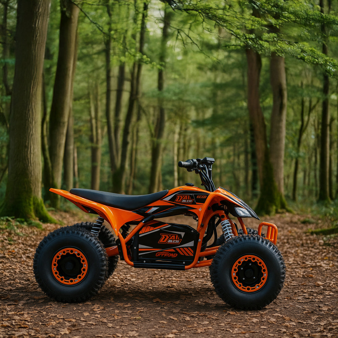 Orange quad bike in a woodland setting
